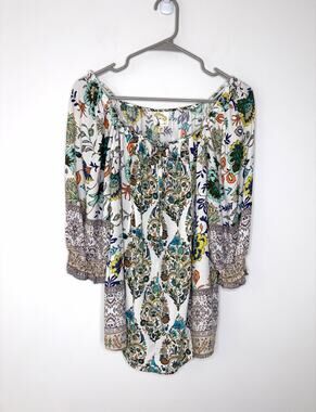Fig and Flower Floral Paisley Tunic Top Sz M Puff Sleeves Keyhole Boho Peasant